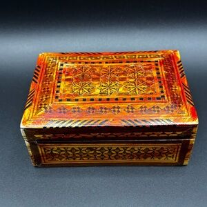 Vintage Handcrafted Hinged Wooden Intricate Decorative Box - Orange/Brown
